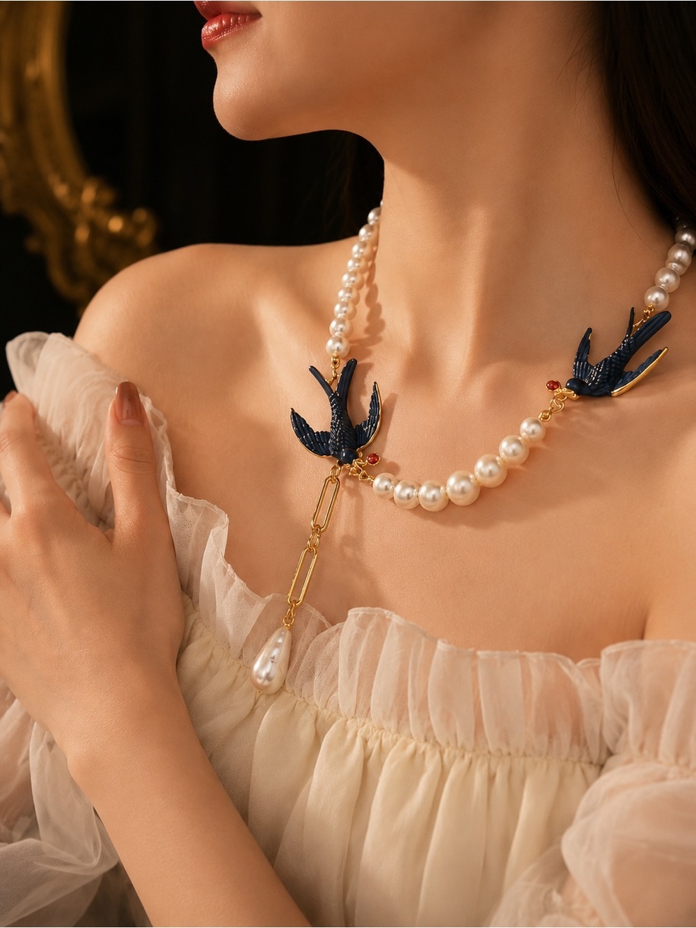 Vintage Etoile Swallow Pearl Lariat Necklace